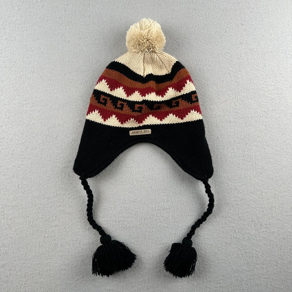Dakota Dan Trapper Hat Unisex OS Black Southwestern Knit Fleece Lined Pom Pom